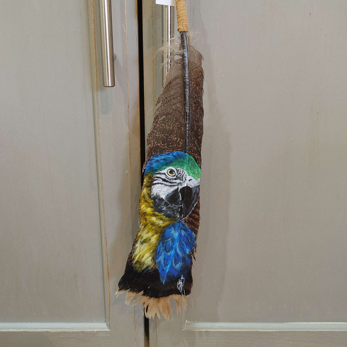Blue Macaw Parrot Painted Turkey Feather