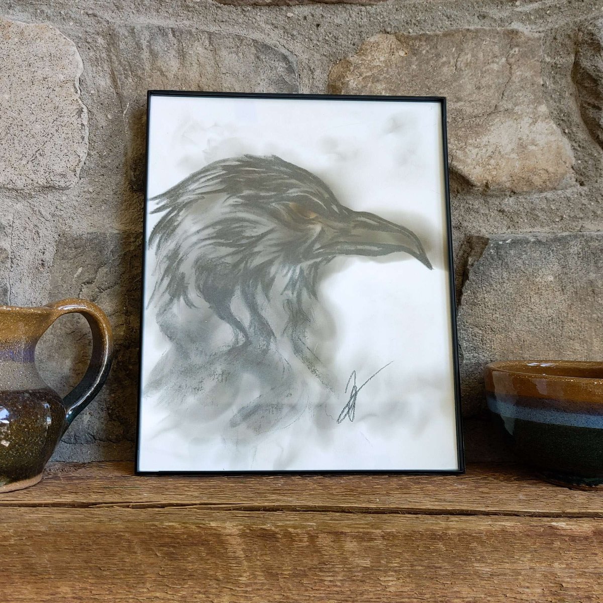 Raven Portrait Fumage and Charcoal Illustration