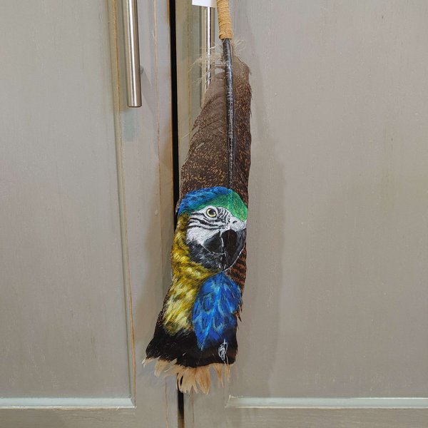 Blue Macaw Parrot Painted Turkey Feather