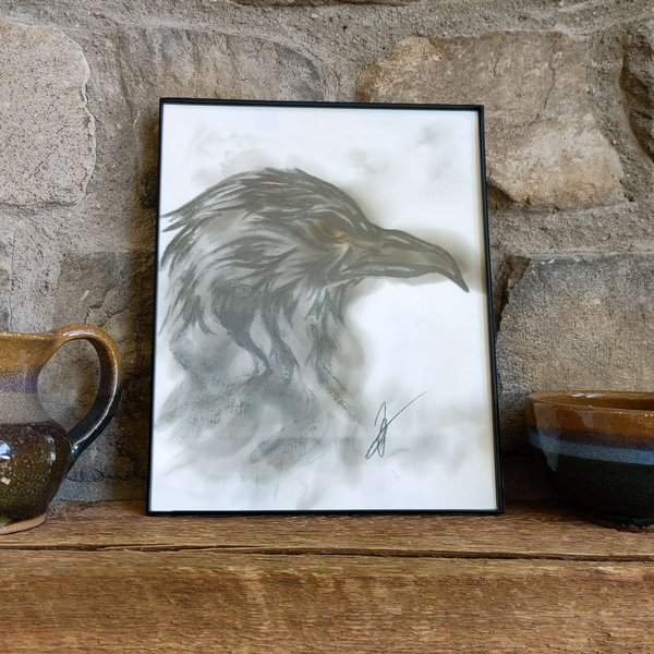 Raven Portrait Fumage and Charcoal Illustration